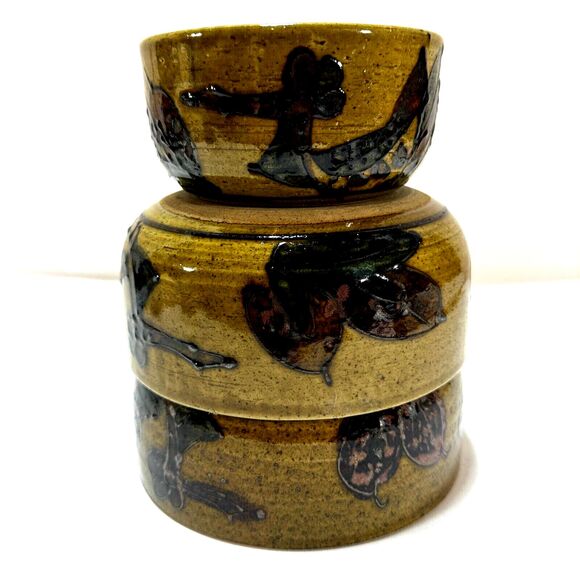 Otagiri Stoneware Pottery Bowl Set Birds Flowers Japan Vintage Set of 3